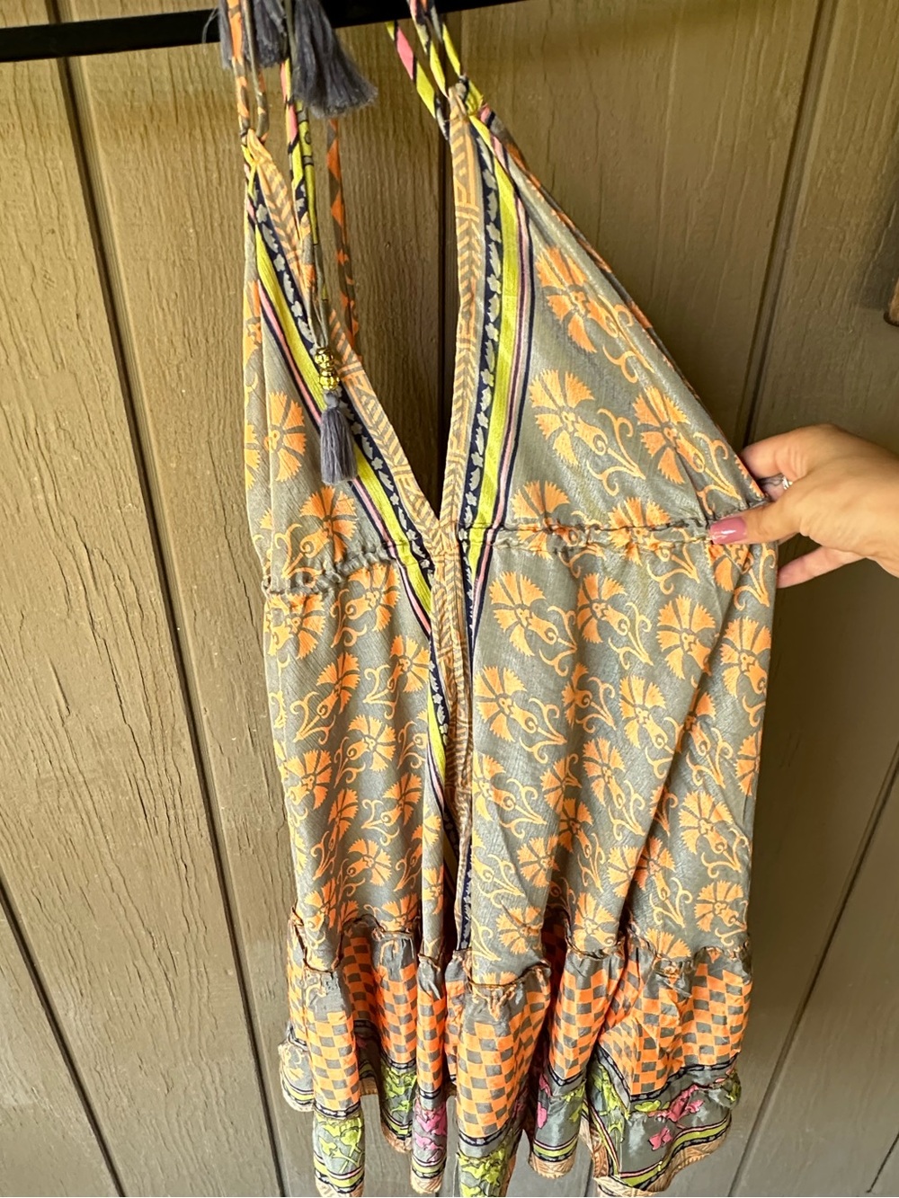 Sleeveless Silk Floral Boho Mini Dress in Gray & Orange